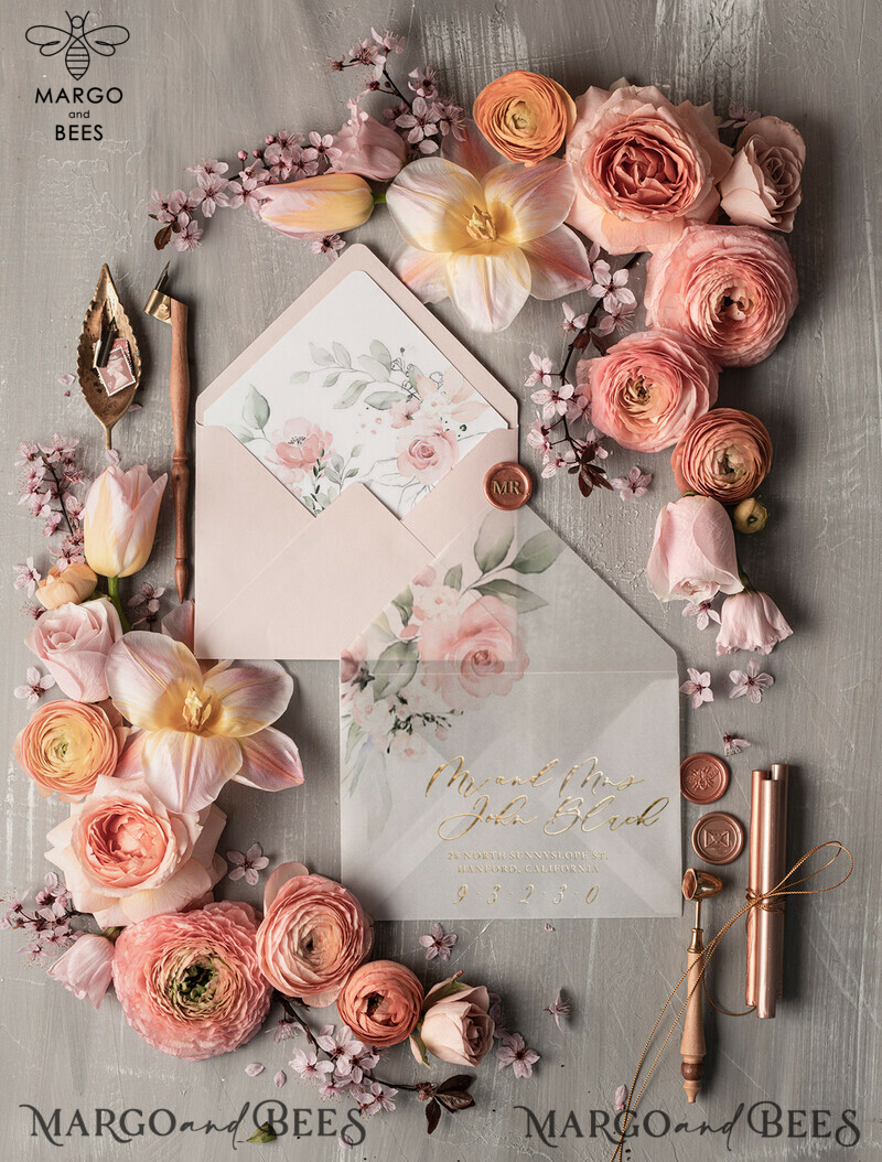 Elegant wedding invitation Suite, blush Pink  Gold Wedding Cards, Floral Romantic Wedding Invites with vellum belly band and wax seal-4