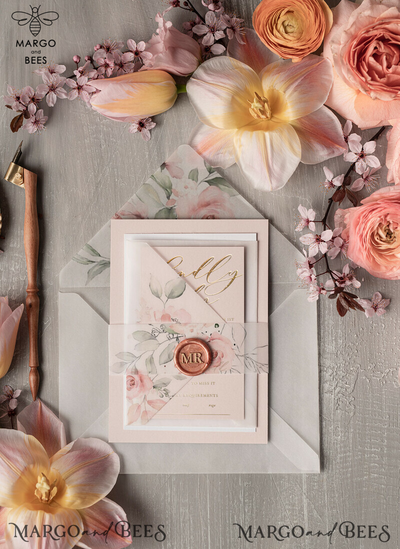 Elegant wedding invitation Suite, blush Pink  Gold Wedding Cards, Floral Romantic Wedding Invites with vellum belly band and wax seal-6