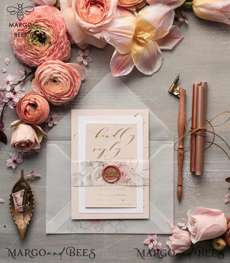 Elegant wedding invitation Suite, blush Pink  Gold Wedding Cards, Floral Romantic Wedding Invites with vellum belly band and wax seal-7