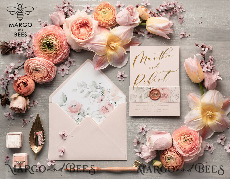 Elegant wedding invitation Suite, blush Pink  Gold Wedding Cards, Floral Romantic Wedding Invites with vellum belly band and wax seal-9