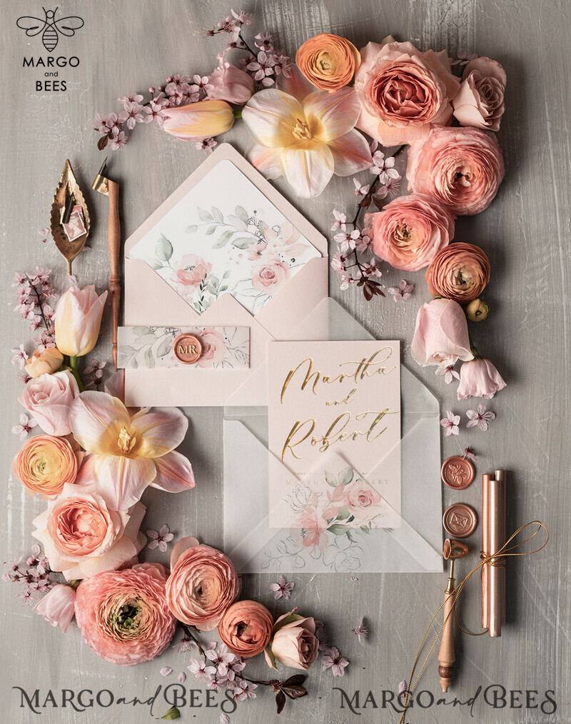 Elegant wedding invitation Suite, blush Pink  Gold Wedding Cards, Floral Romantic Wedding Invites with vellum belly band and wax seal-0