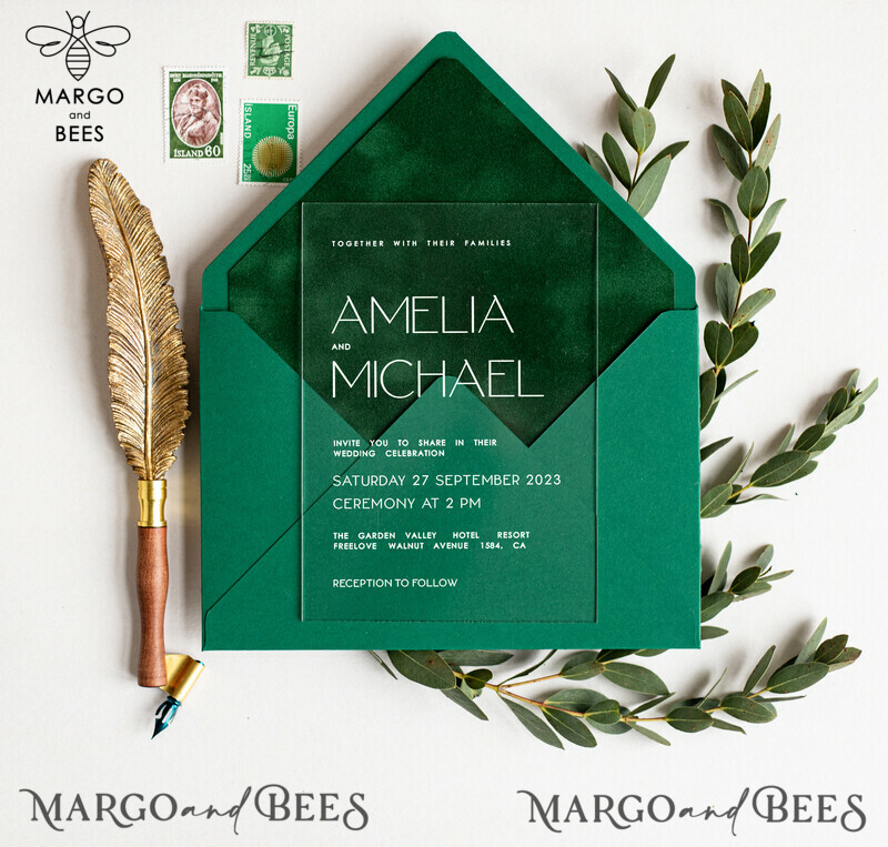 Stylish Eucaliptus Greenery Acrylic wedding invitation, Elegant Gold Green Wedding Invitations • Gold Emerald Green Wedding Invitation Suite • Luxury Modern wedding Cards-4
