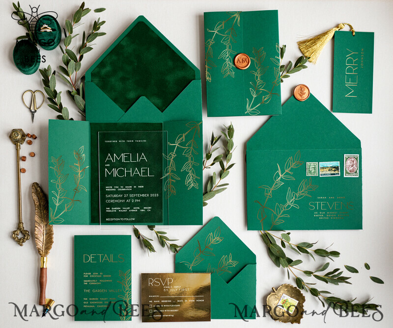 Stylish Eucaliptus Greenery Acrylic wedding invitation, Elegant Gold Green Wedding Invitations • Gold Emerald Green Wedding Invitation Suite • Luxury Modern wedding Cards-0