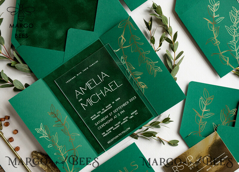 Stylish Eucaliptus Greenery Acrylic wedding invitation, Elegant Gold Green Wedding Invitations • Gold Emerald Green Wedding Invitation Suite • Luxury Modern wedding Cards-3
