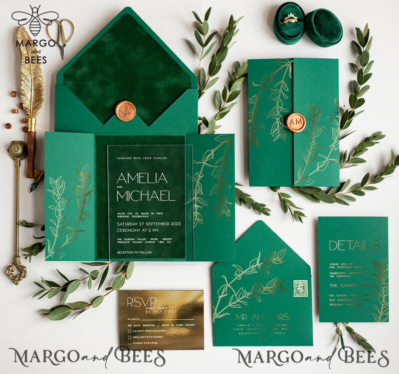 Stylish Eucaliptus Greenery Acrylic wedding invitation, Elegant Gold Green Wedding Invitations • Gold Emerald Green Wedding Invitation Suite • Luxury Modern wedding Cards-2