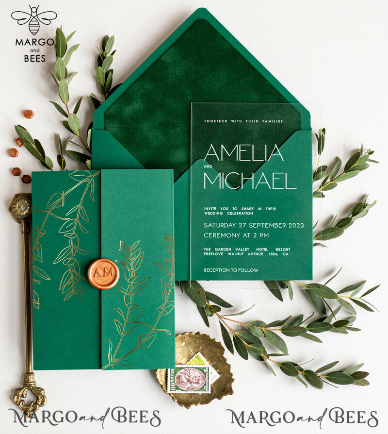 Stylish Eucaliptus Greenery Acrylic wedding invitation, Elegant Gold Green Wedding Invitations • Gold Emerald Green Wedding Invitation Suite • Luxury Modern wedding Cards-1