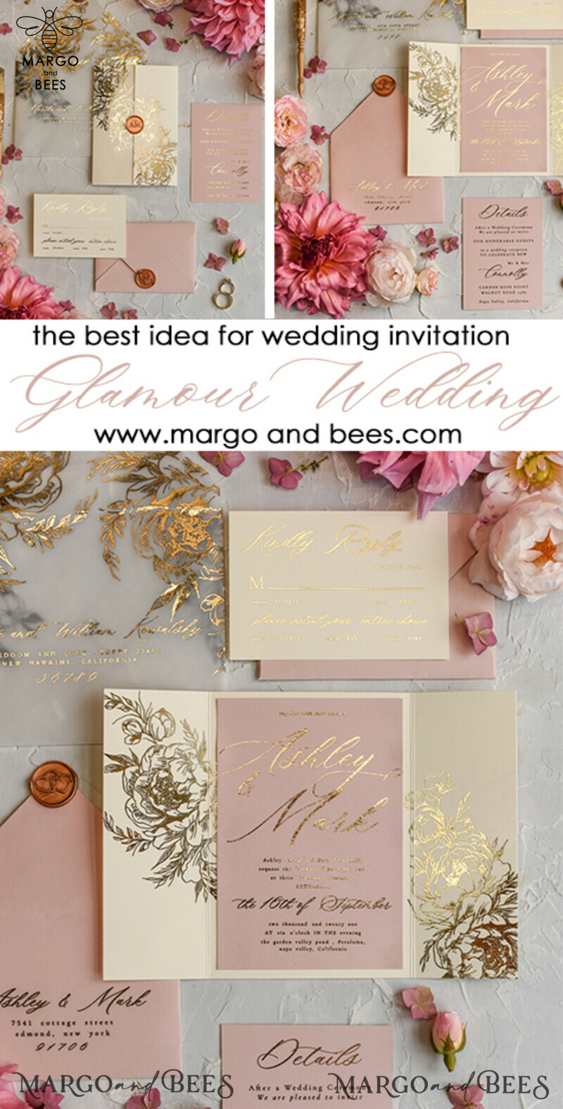Elegant and Personalized: Romantic Glamour Wedding Cards with Golden Shine and Luxury Blush Pink - Bespoke Romantic Wedding Invitations and Stationery.-4