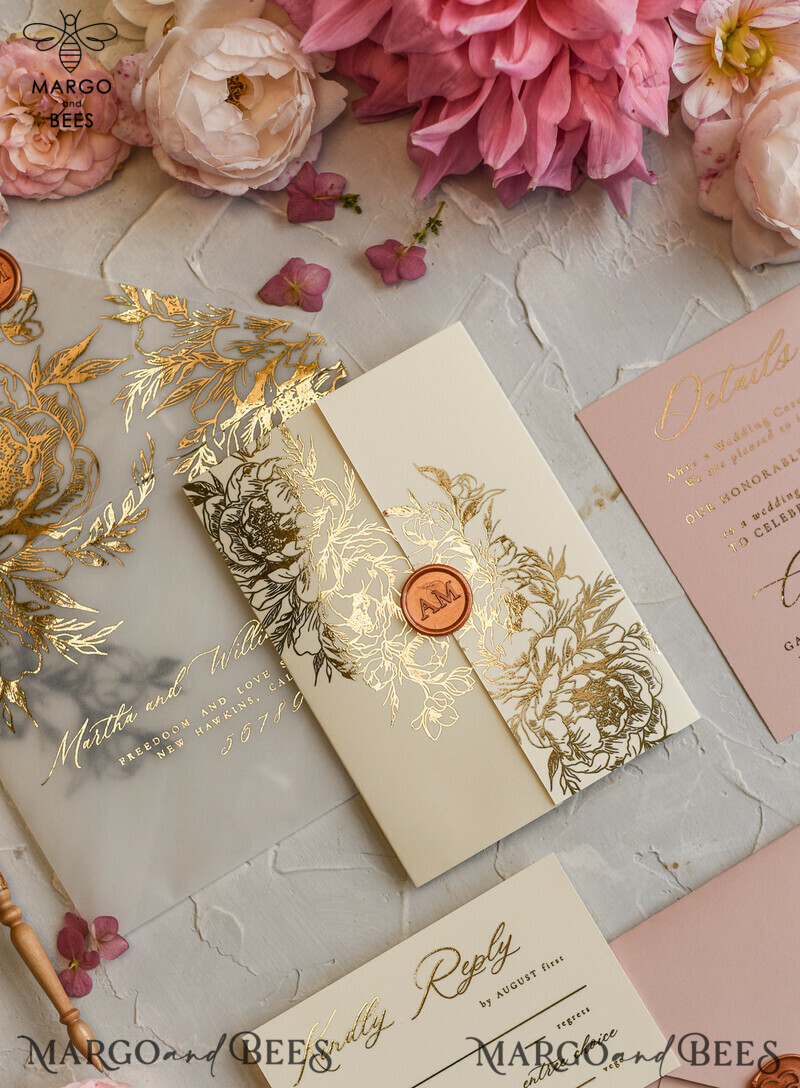 Romantic Glamour Wedding Cards, Bespoke Romantic Wedding Invitations, Golden Shine Wedding Invites, Luxury Blush Pink Wedding Stationery-11