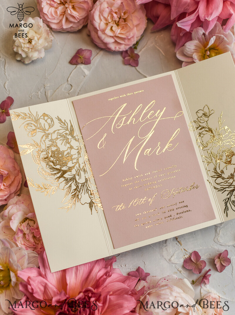 Romantic Glamour Wedding Cards, Bespoke Romantic Wedding Invitations, Golden Shine Wedding Invites, Luxury Blush Pink Wedding Stationery-16