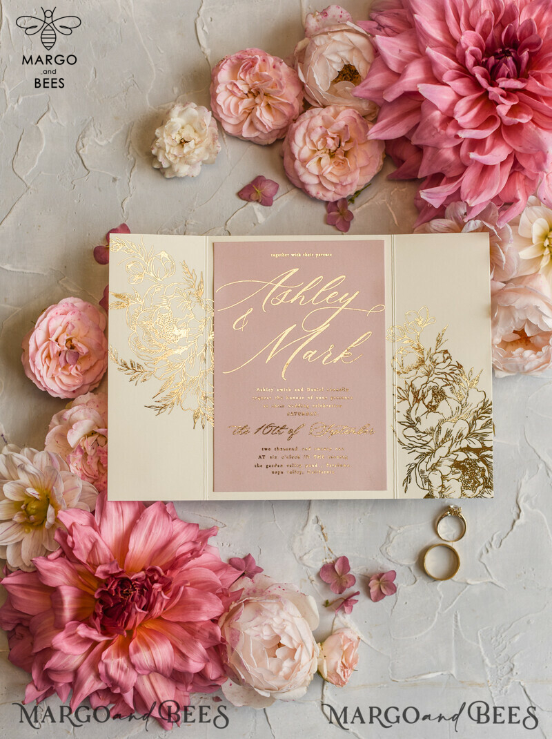 Romantic Glamour Wedding Cards, Bespoke Romantic Wedding Invitations, Golden Shine Wedding Invites, Luxury Blush Pink Wedding Stationery-18