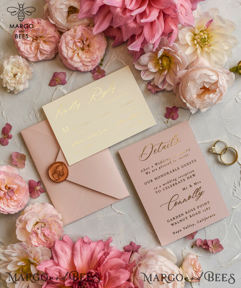 Romantic Glamour Wedding Cards, Bespoke Romantic Wedding Invitations, Golden Shine Wedding Invites, Luxury Blush Pink Wedding Stationery-20