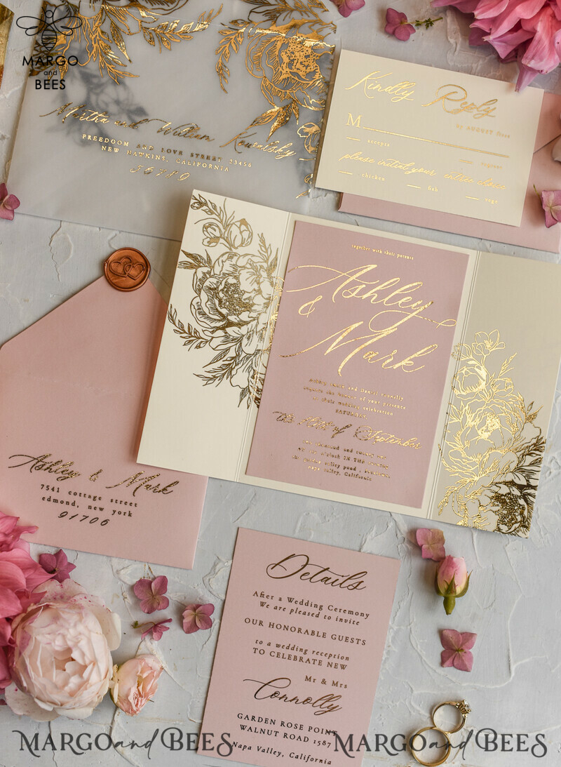 Elegant and Personalized: Romantic Glamour Wedding Cards with Golden Shine and Luxury Blush Pink - Bespoke Romantic Wedding Invitations and Stationery.-2