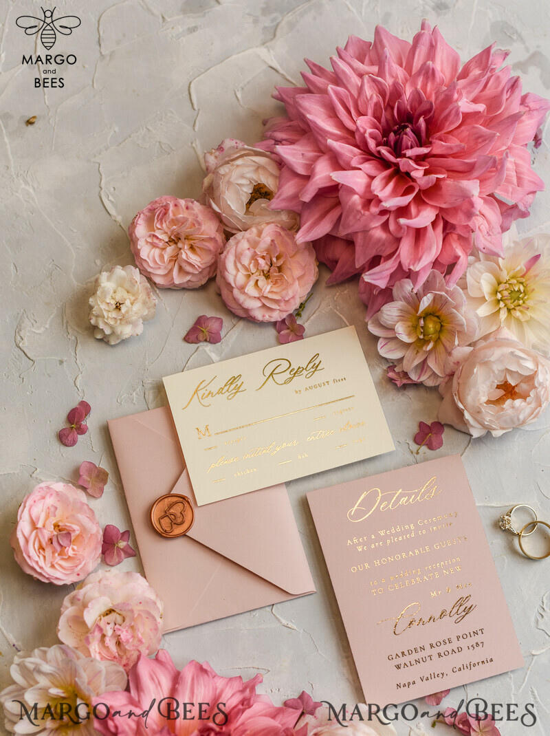 Romantic Glamour Wedding Cards, Bespoke Romantic Wedding Invitations, Golden Shine Wedding Invites, Luxury Blush Pink Wedding Stationery-21