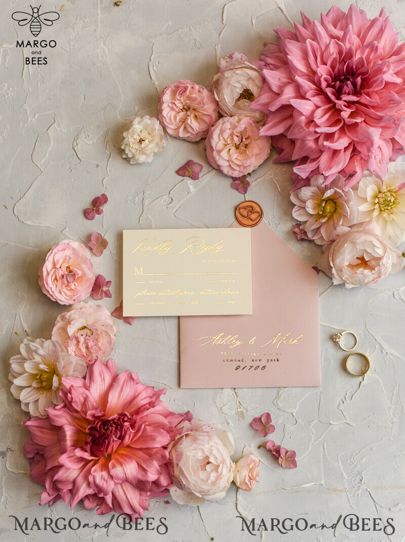 Romantic Glamour Wedding Cards, Bespoke Romantic Wedding Invitations, Golden Shine Wedding Invites, Luxury Blush Pink Wedding Stationery-23