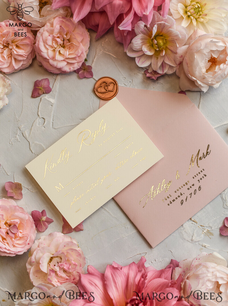 Elegant and Personalized: Romantic Glamour Wedding Cards with Golden Shine and Luxury Blush Pink - Bespoke Romantic Wedding Invitations and Stationery.-24