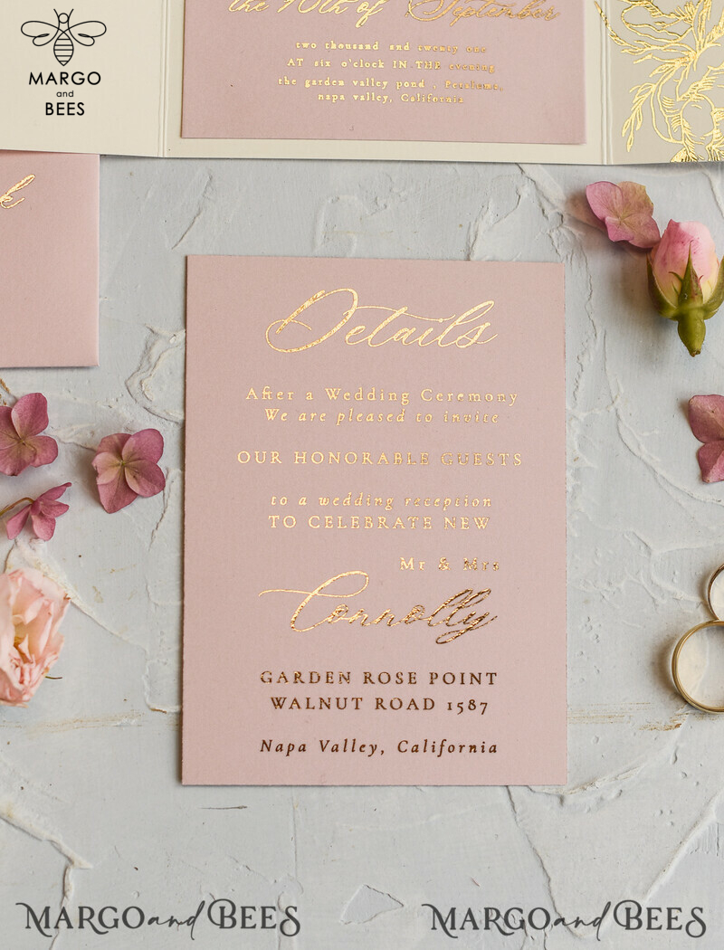 Elegant and Personalized: Romantic Glamour Wedding Cards with Golden Shine and Luxury Blush Pink - Bespoke Romantic Wedding Invitations and Stationery.-5