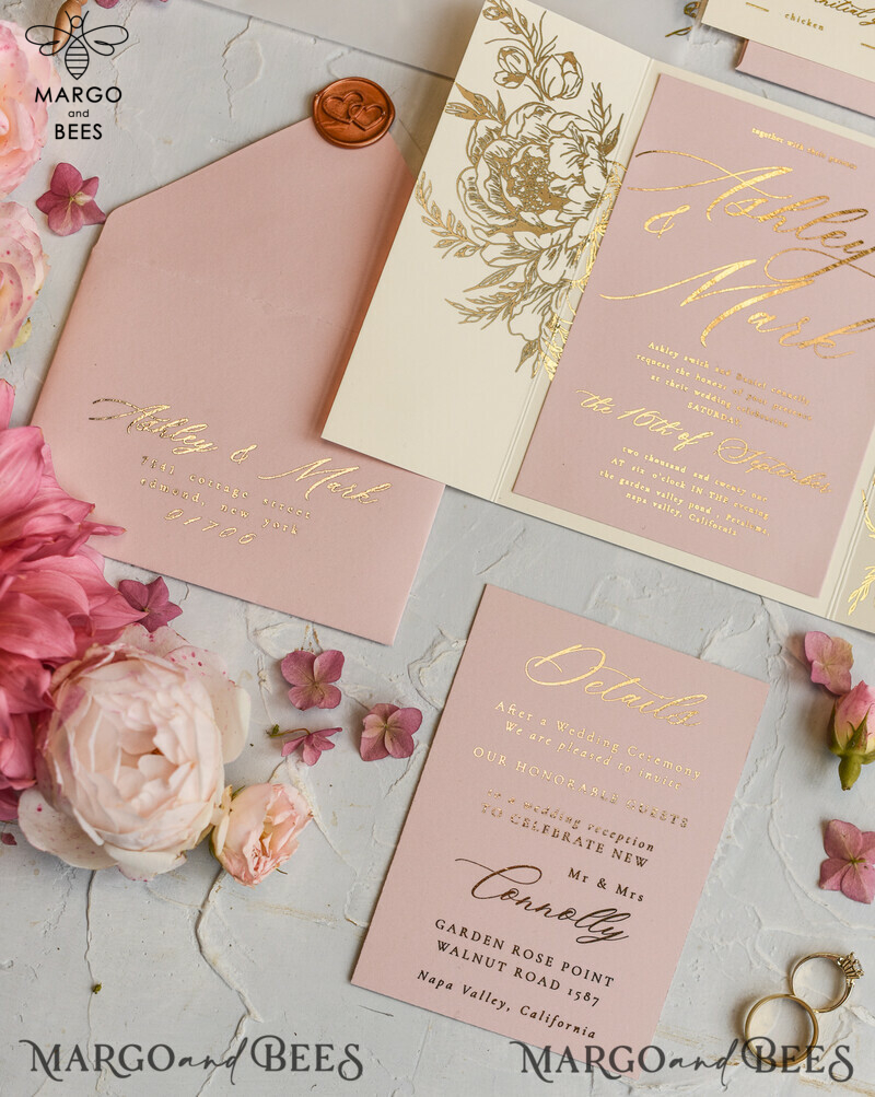 Romantic Glamour Wedding Cards, Bespoke Romantic Wedding Invitations, Golden Shine Wedding Invites, Luxury Blush Pink Wedding Stationery-6
