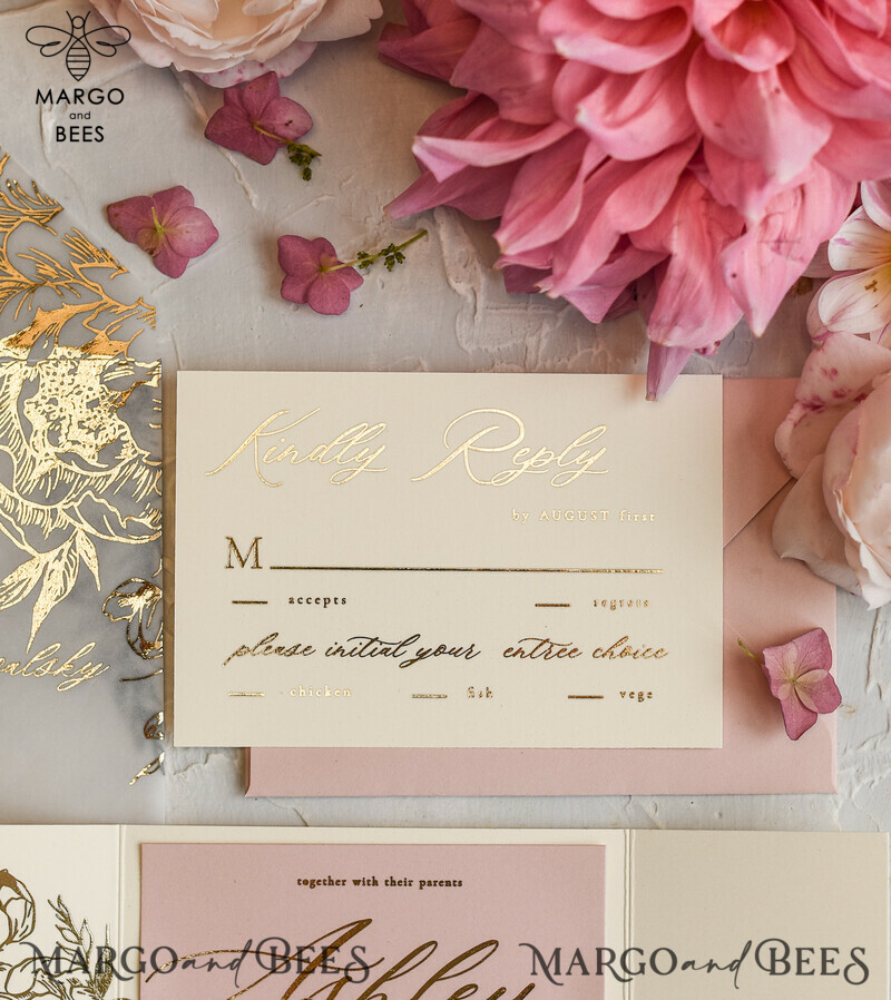 Elegant and Personalized: Romantic Glamour Wedding Cards with Golden Shine and Luxury Blush Pink - Bespoke Romantic Wedding Invitations and Stationery.-8