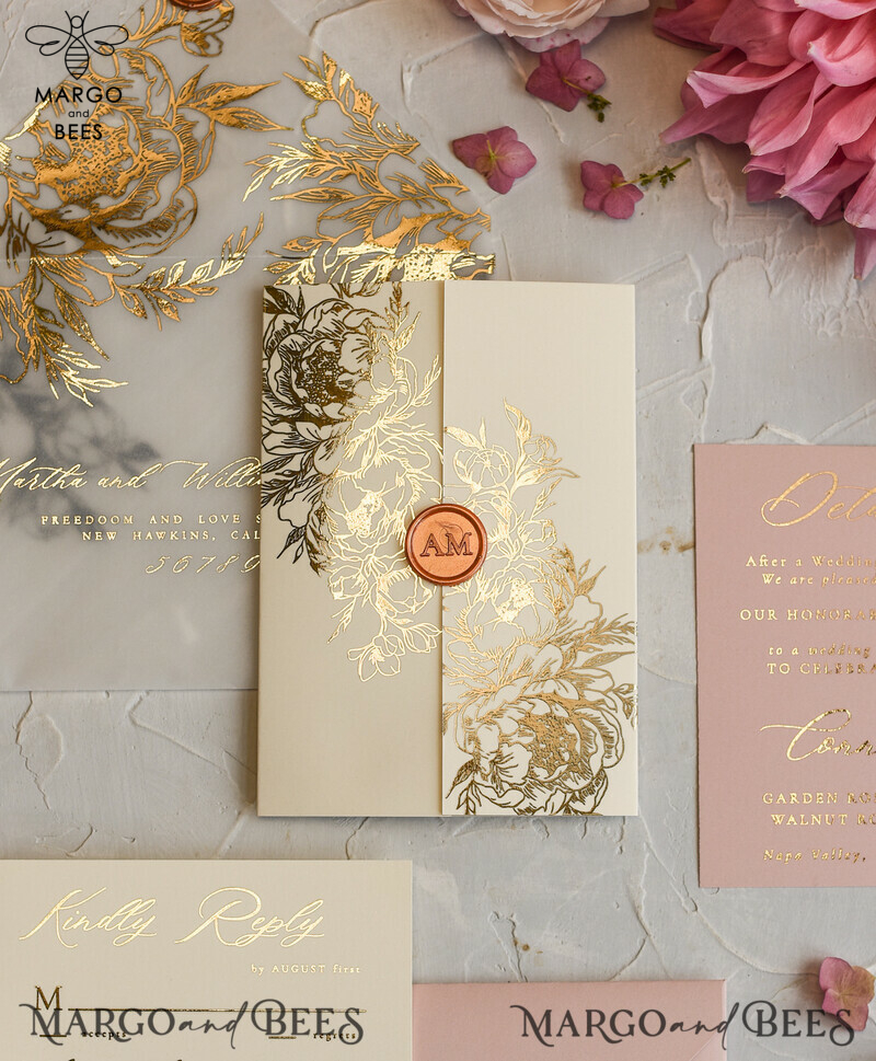 Elegant and Personalized: Romantic Glamour Wedding Cards with Golden Shine and Luxury Blush Pink - Bespoke Romantic Wedding Invitations and Stationery.-9