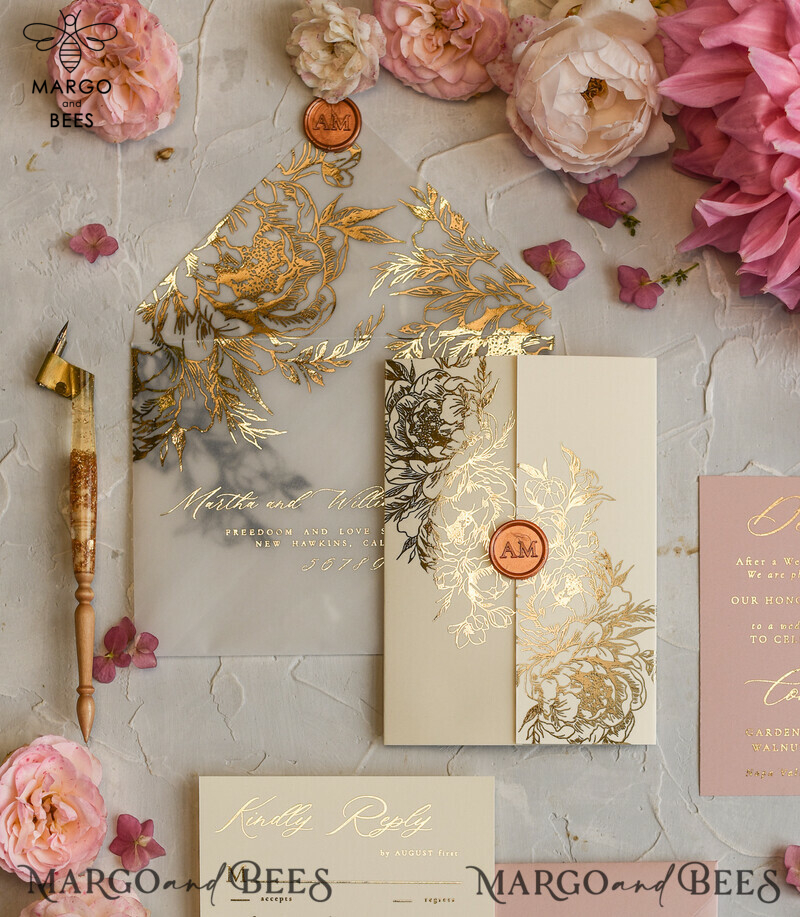 Romantic Glamour Wedding Cards, Bespoke Romantic Wedding Invitations, Golden Shine Wedding Invites, Luxury Blush Pink Wedding Stationery-10