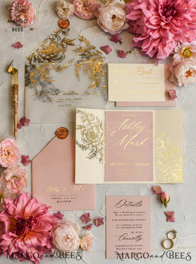 Elegant and Personalized: Romantic Glamour Wedding Cards with Golden Shine and Luxury Blush Pink - Bespoke Romantic Wedding Invitations and Stationery.-0