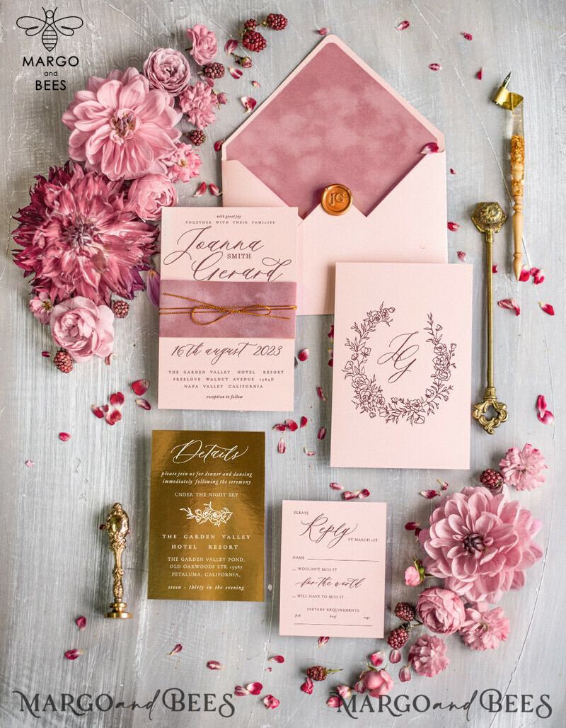 Bespoke Velvet Wedding Invitation Suite, Blush Pink Glamour Wedding Cards, Luxury Golden Wedding Invitations, Romantic Wedding Stationery-1