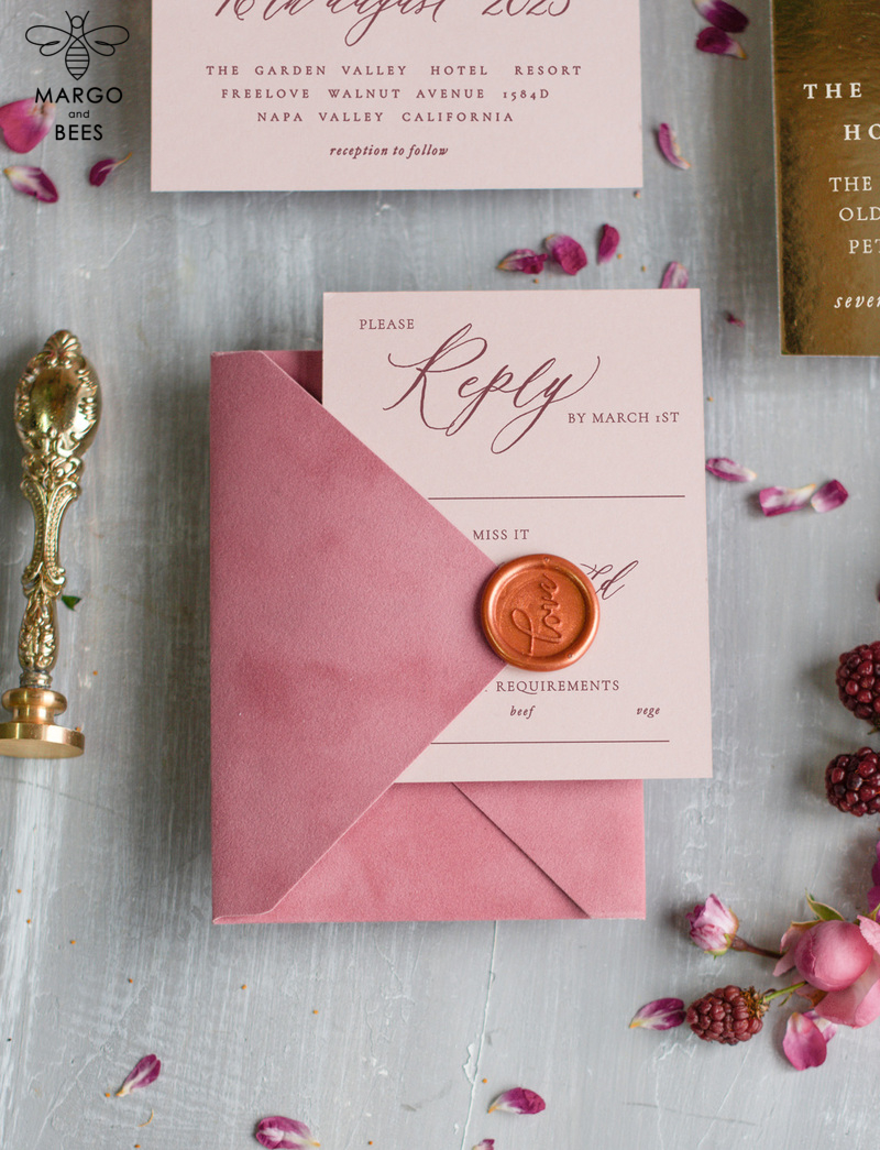 Bespoke Velvet Wedding Invitation Suite, Blush Pink Glamour Wedding Cards, Luxury Golden Wedding Invitations, Romantic Wedding Stationery-3