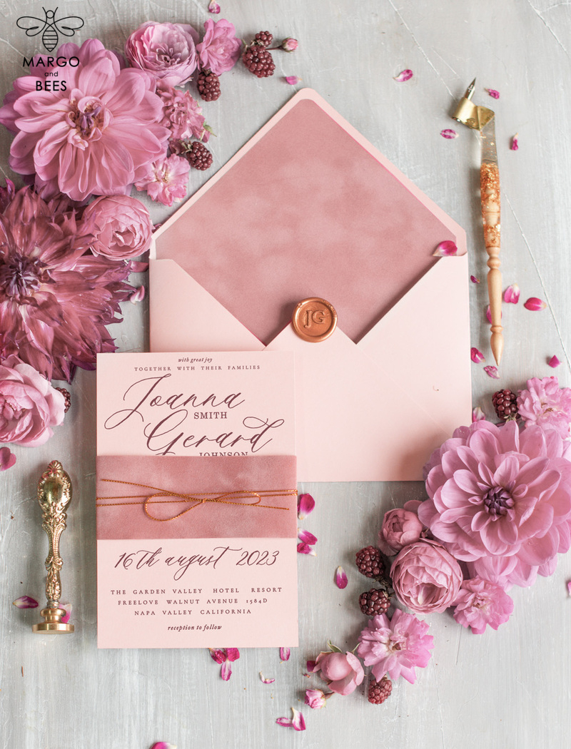 Bespoke Velvet Wedding Invitation Suite, Blush Pink Glamour Wedding Cards, Luxury Golden Wedding Invitations, Romantic Wedding Stationery-6