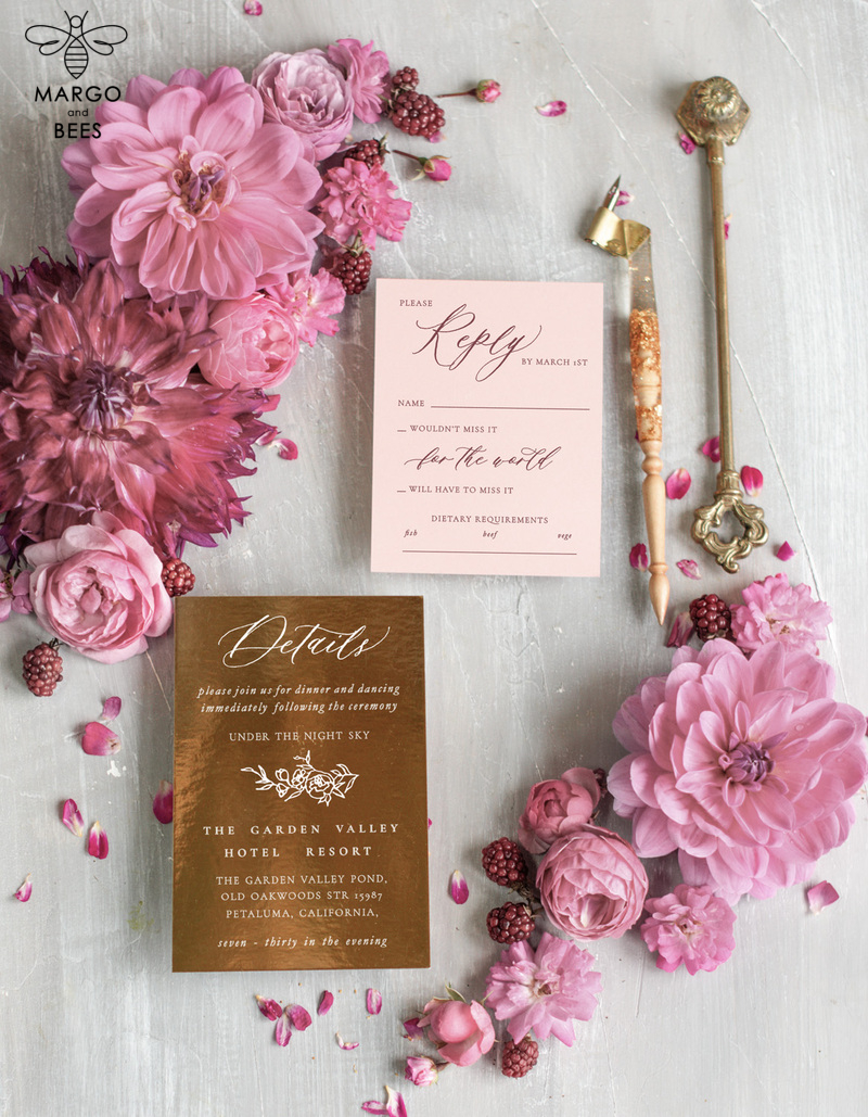 Bespoke Velvet Wedding Invitation Suite, Blush Pink Glamour Wedding Cards, Luxury Golden Wedding Invitations, Romantic Wedding Stationery-7