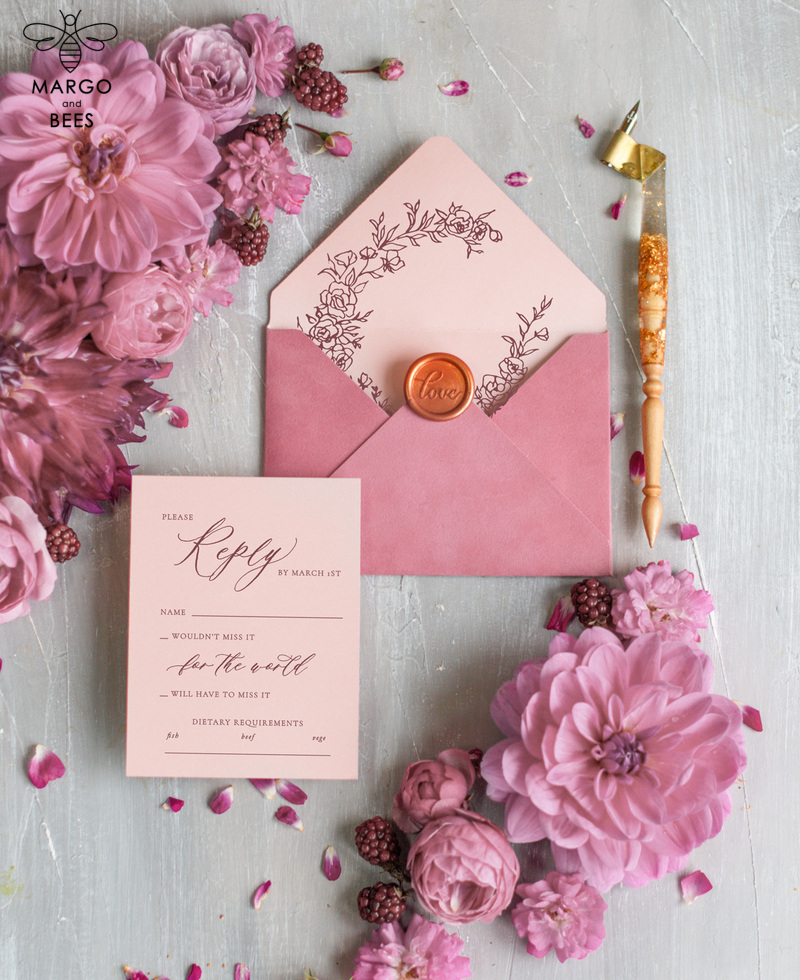 Bespoke Velvet Wedding Invitation Suite, Blush Pink Glamour Wedding Cards, Luxury Golden Wedding Invitations, Romantic Wedding Stationery-8