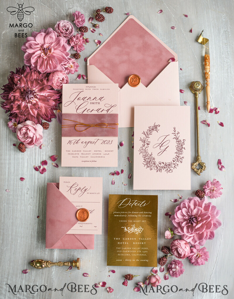 Bespoke Velvet Wedding Invitation Suite, Blush Pink Glamour Wedding Cards, Luxury Golden Wedding Invitations, Romantic Wedding Stationery-0