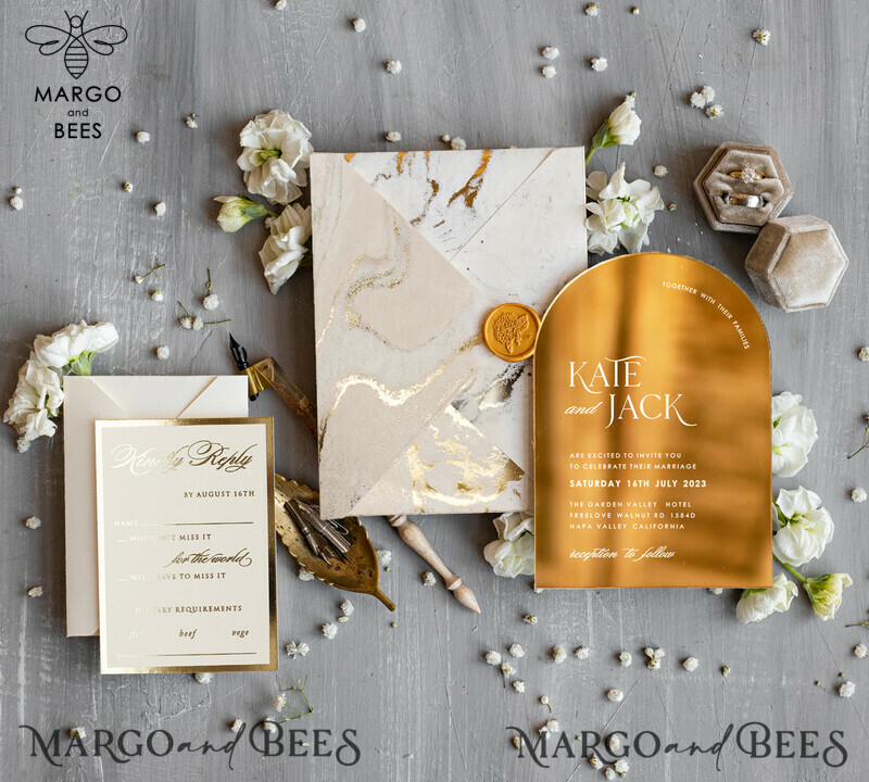 Luxury Gold Acrylic wedding invitation, Golden marble Wedding Invites, Arch Glamour Wedding Invitation Suite-7