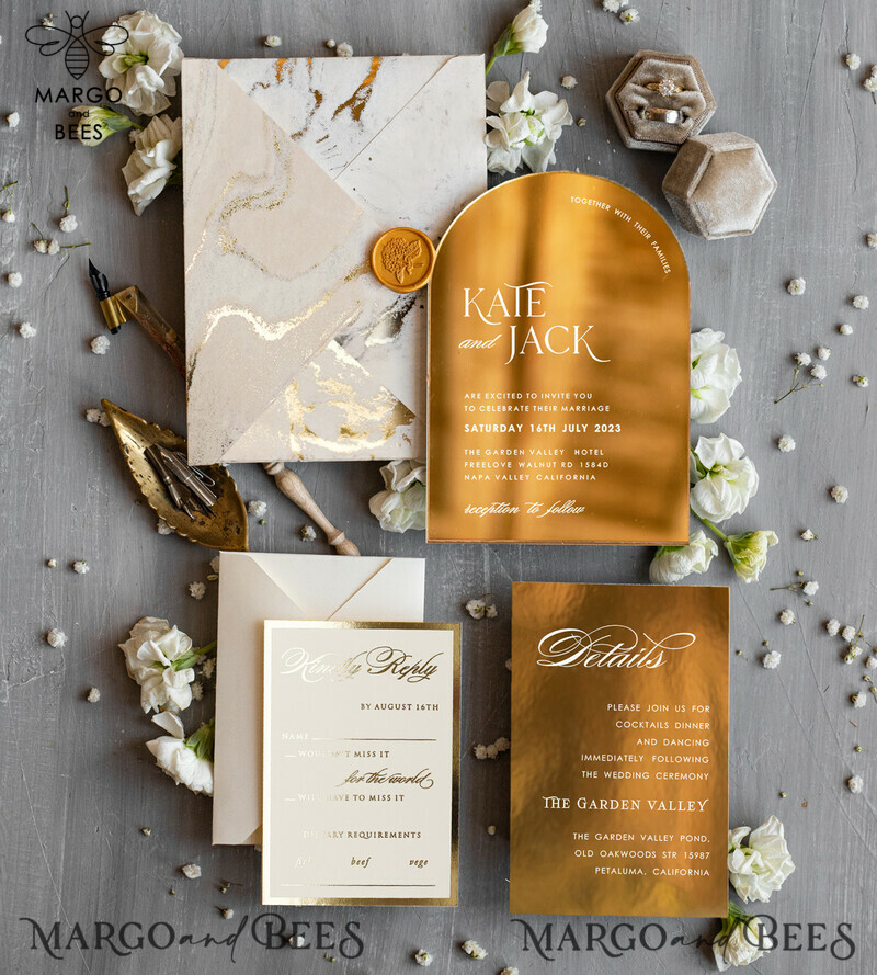 Luxury Gold Acrylic wedding invitation, Golden marble Wedding Invites, Arch Glamour Wedding Invitation Suite-8