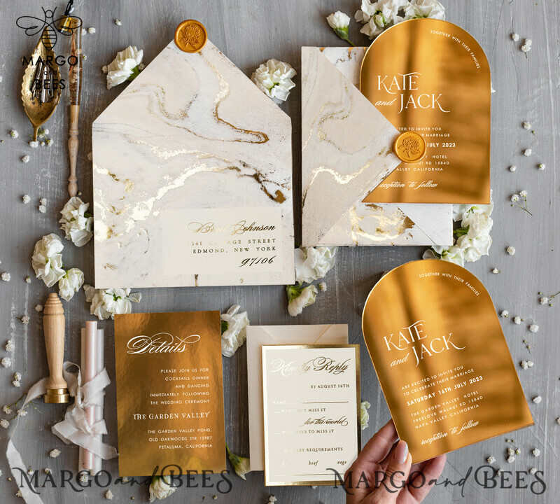 Elegant Gold Acrylic Wedding Invitation Suite with Golden Marble Arch Glamour Design-1