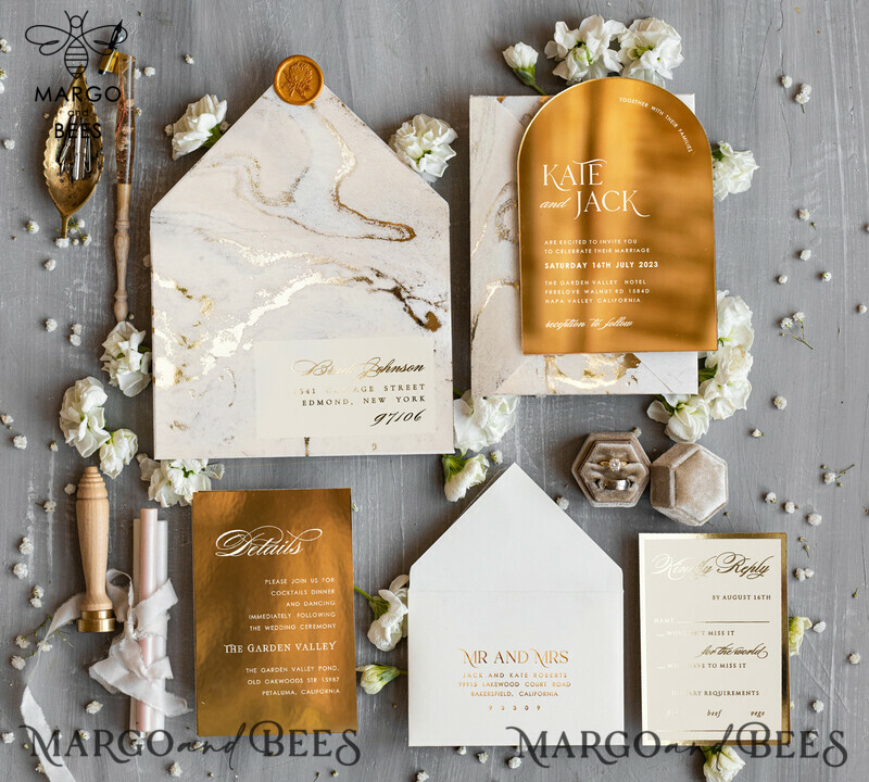 Elegant Gold Acrylic Wedding Invitation Suite with Golden Marble Arch Glamour Design-5