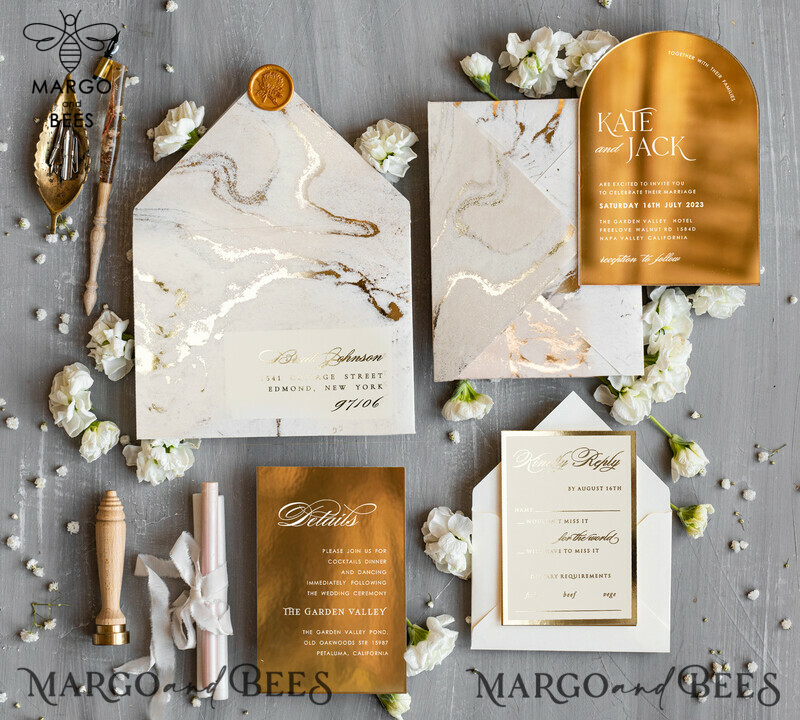Elegant Gold Acrylic Wedding Invitation Suite with Golden Marble Arch Glamour Design-3