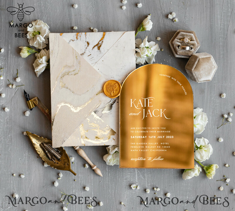 Luxury Gold Acrylic wedding invitation, Golden marble Wedding Invites, Arch Glamour Wedding Invitation Suite-9
