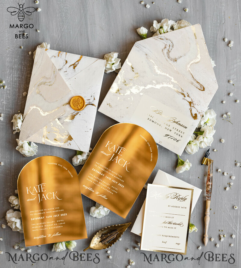 Luxury Gold Acrylic wedding invitation, Golden marble Wedding Invites, Arch Glamour Wedding Invitation Suite-6