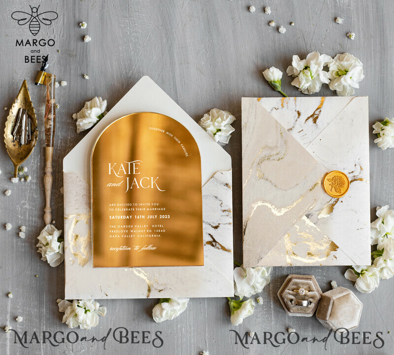 Luxury Gold Acrylic wedding invitation, Golden marble Wedding Invites, Arch Glamour Wedding Invitation Suite-11