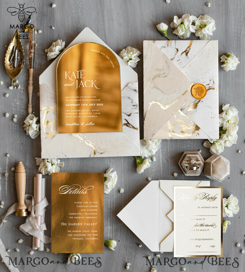 Elegant Gold Acrylic Wedding Invitation Suite with Golden Marble Arch Glamour Design-4