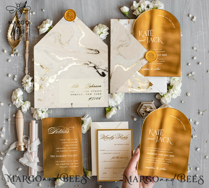 Elegant Gold Acrylic Wedding Invitation Suite with Golden Marble Arch Glamour Design-0
