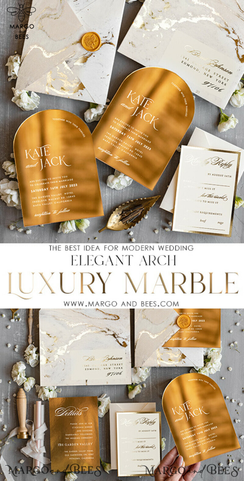 Elegant Gold Acrylic Wedding Invitation Suite with Golden Marble Arch Glamour Design-2