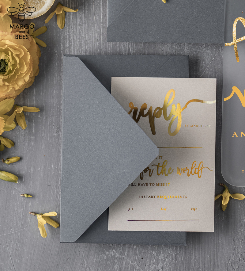 Elegant Luxury Wedding invitations, Grey and Gold Wedding stationery , Vellum  Wedding Invitation Suite-2