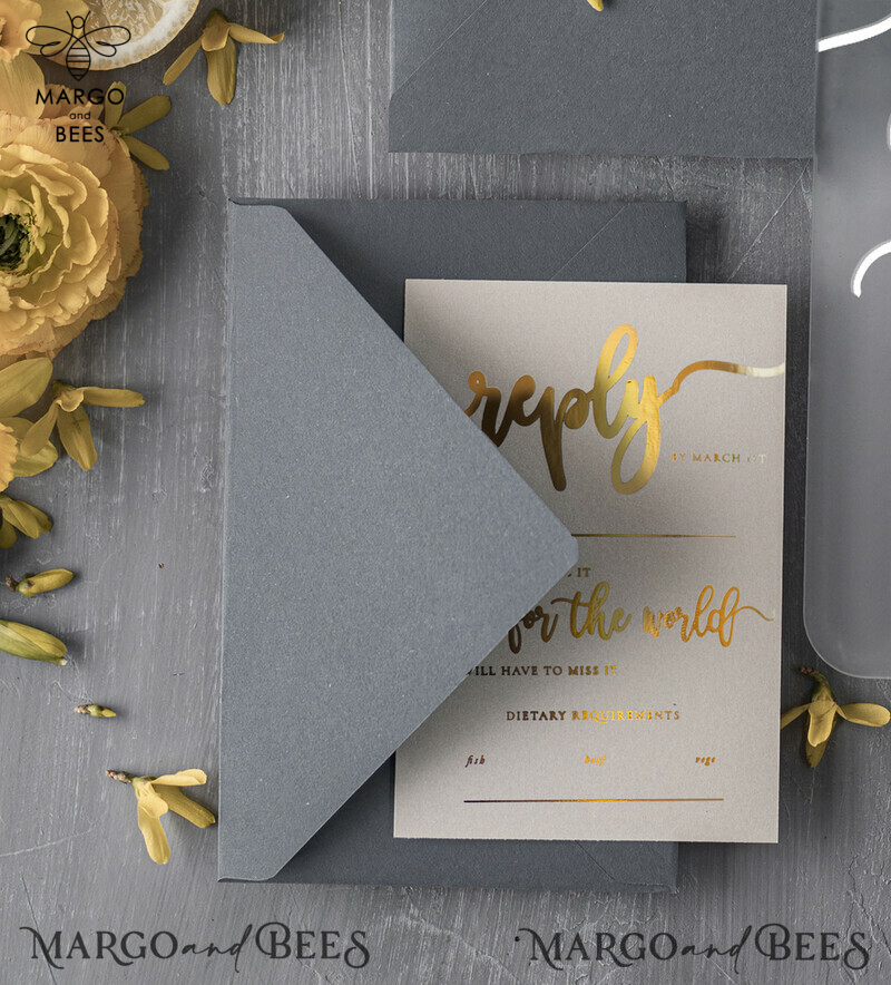 Elegant Plexi Acrylic Wedding Invitations, Glamour Grey Gold Wedding Cards, Luxury Golden Shine Wedding Invites, Bespoke Frozen Acryl Wedding Invitation Suite-2