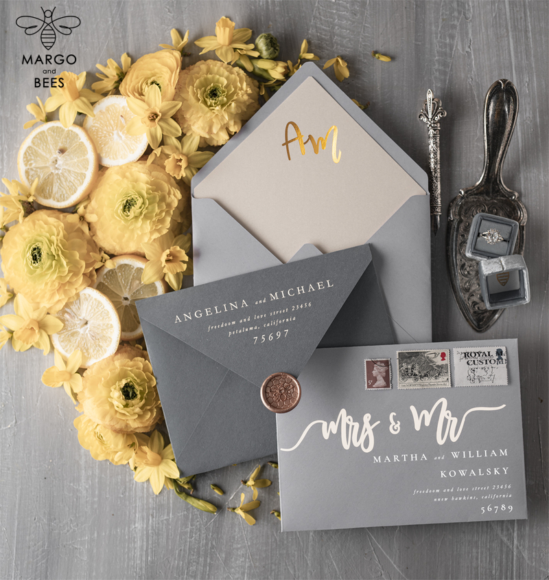 Elegant Luxury Wedding invitations, Grey and Gold Wedding stationery , Vellum  Wedding Invitation Suite-3