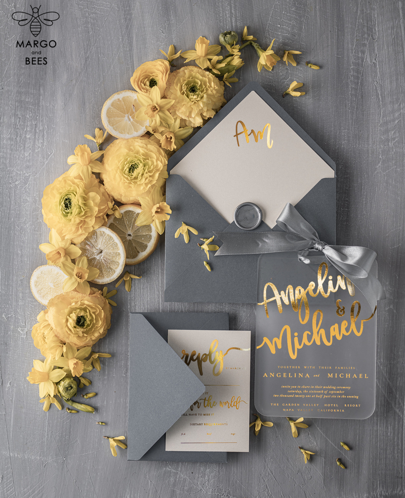 Elegant Luxury Wedding invitations, Grey and Gold Wedding stationery , Vellum  Wedding Invitation Suite-0