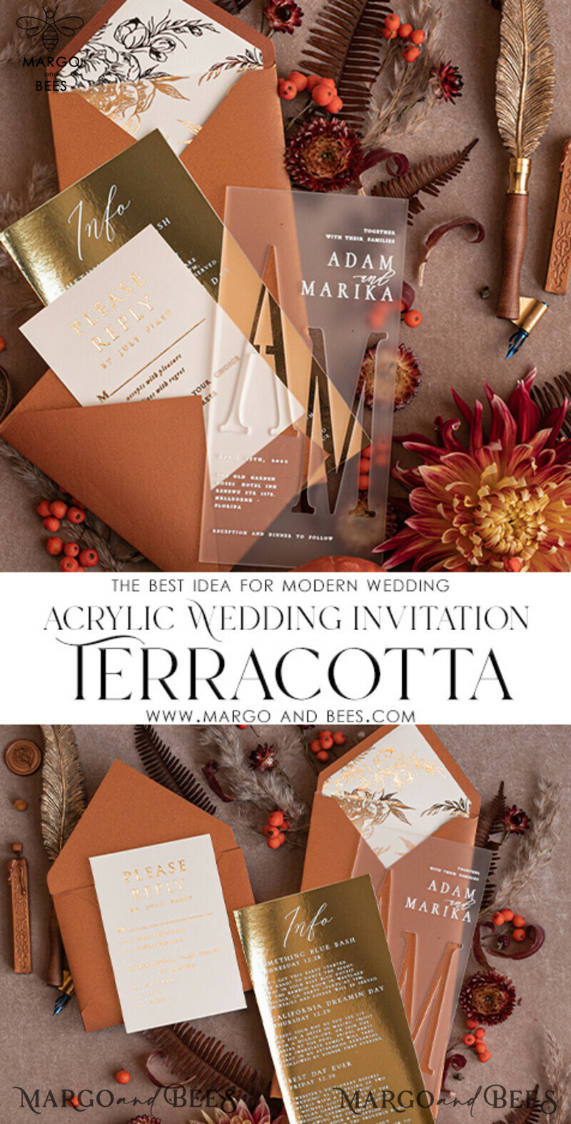 Elegant Fall Acrylic Frozen Wedding Invitation Suite with Terracotta Gold Boho Glam and Golden Shine Wedding Invitations-6