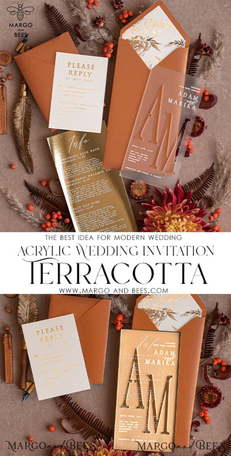 Elegant Gold Wedding Cards: Fall Acrylic Frozen & Terracotta Gold Boho Glam Wedding Invitation Suite with Golden Shine-3