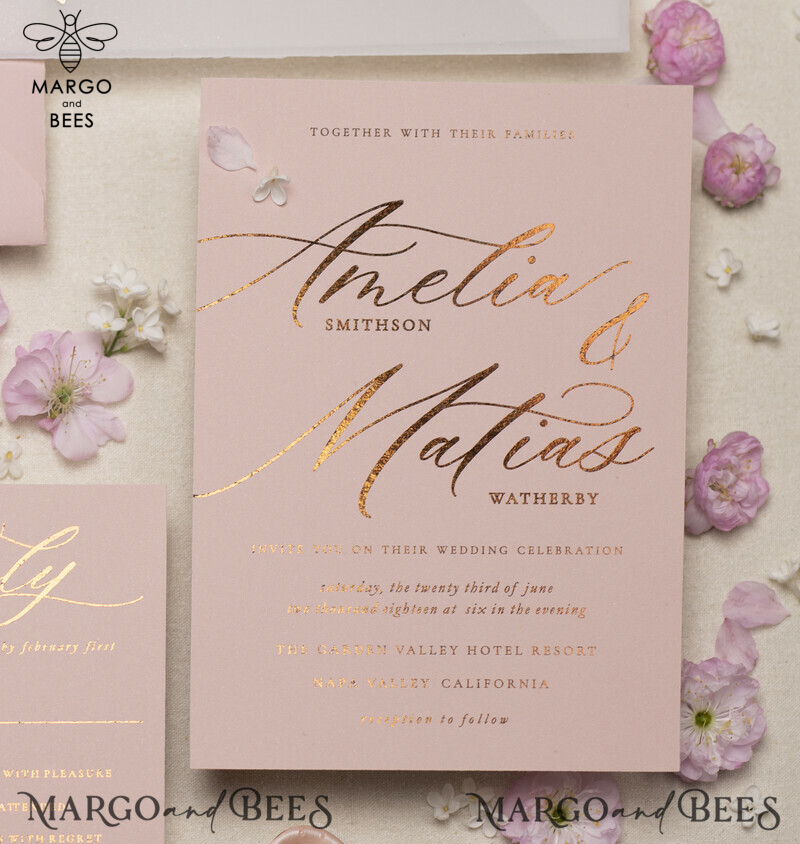 Luxury Gold Foil Wedding Invitations, Glamour Golden Wedding Invites, Elegant Floral Wedding Invitation Suite, Romantic Blush Pink Wedding Cards-1