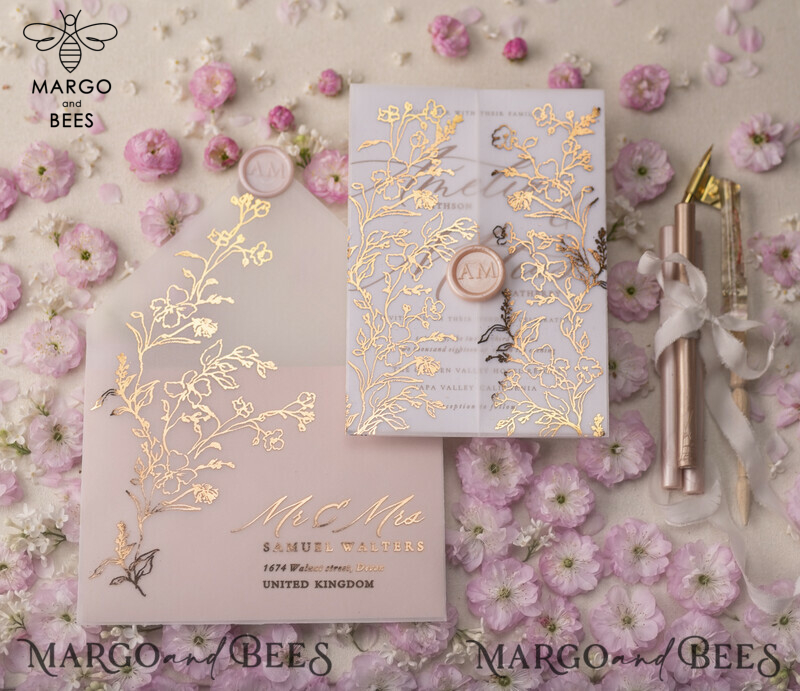 Blush Gold Wedding Invitations , Luxury Arabic Wedding Cards, Gold Vellum wrapping and wax seal Wedding stationery -10